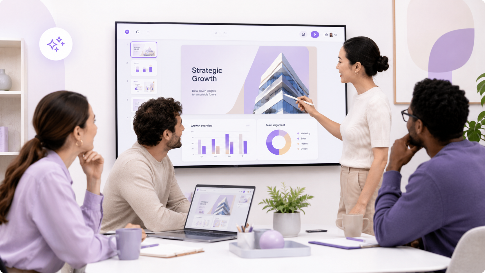 Team collaborating around an AI-generated presentation workflow