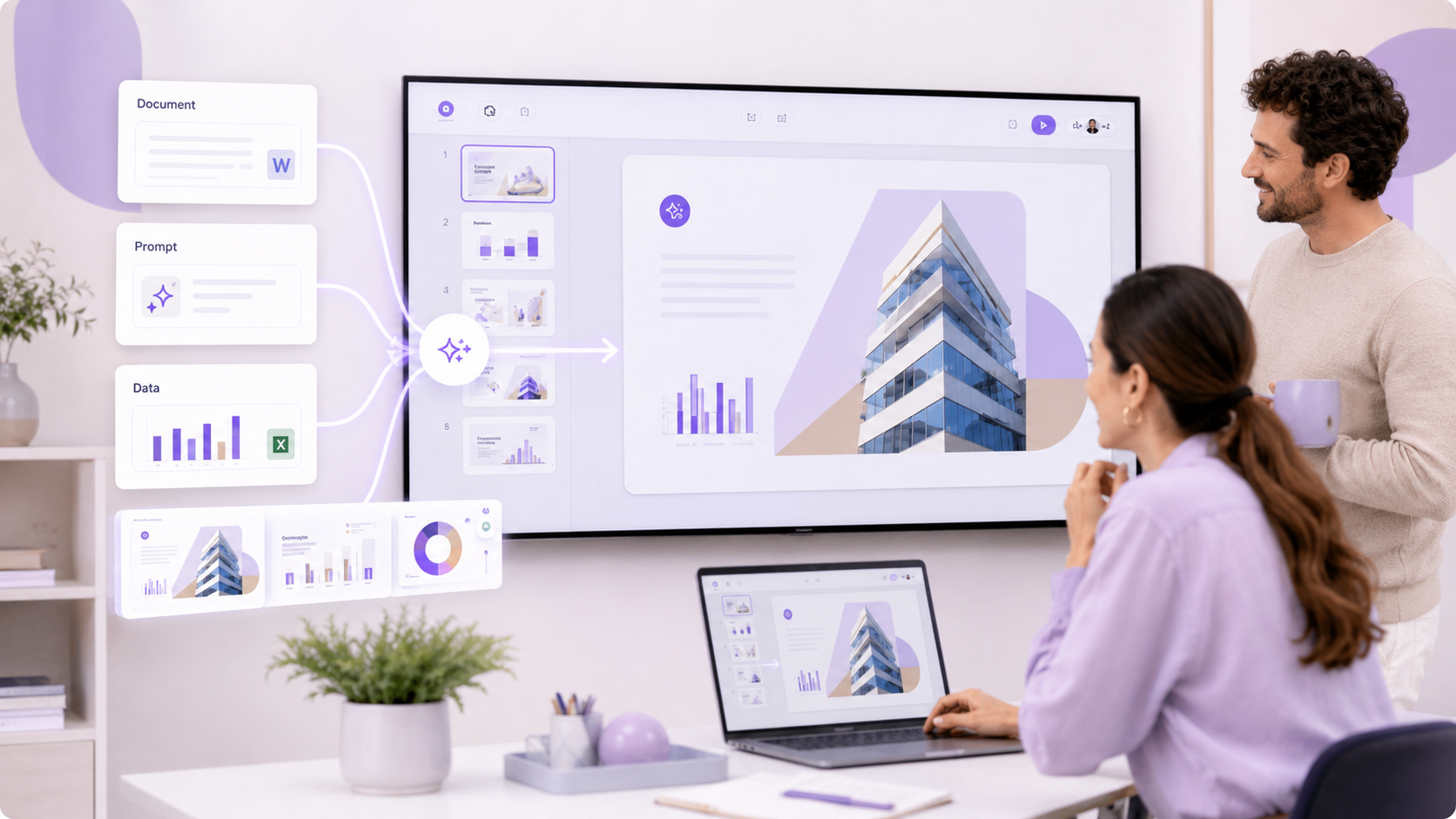 Documents prompts and data becoming a generated presentation
